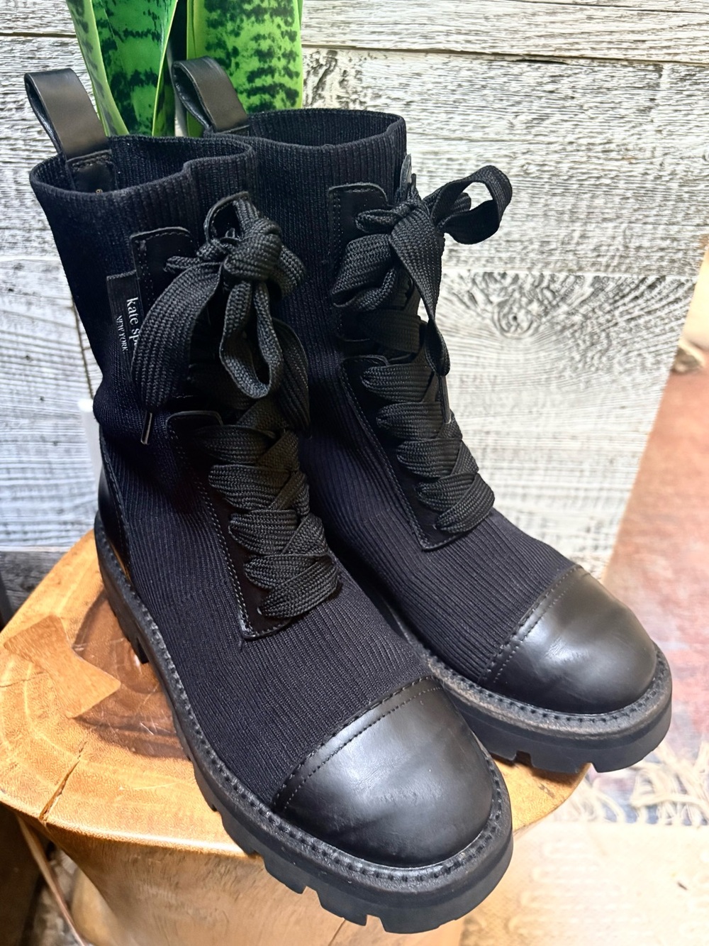 Kate Spade | "Winton" Lug Chunky Knit Lace-Up Combat Boots - Women's 6.5B, Black - Picture 1 of 16